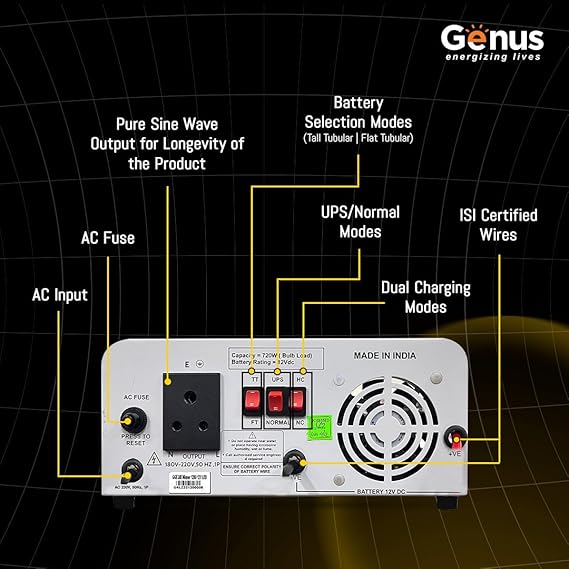 घर, कार्यालय और दुकानों के लिए विनर 800 प्योर साइन वेव 600VA/12V सिंगल बैटरी इन्वर्टर