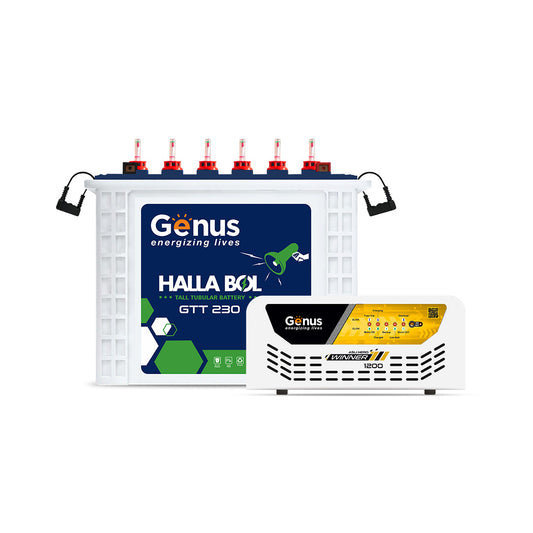 Genus Inverter with Battery Combo (Inverter: Winner 1200 / Pure Sine Wave / 900VA / 12V / 3 Year Warranty || Battery: GTT230 / TT Battery / 200 Ah / 72M Warranty) Best for Home, Office & Shops
